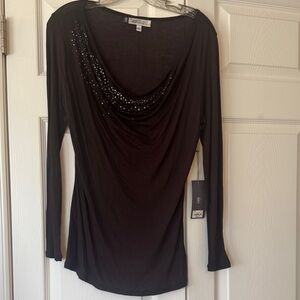 Jennifer Lopez brown Long-Sleeve Cowl Neck Top with Rhinestones.